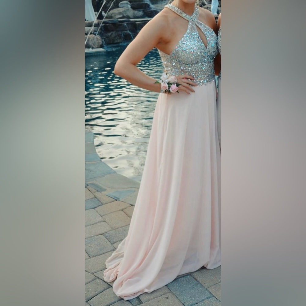 Light pink prom dress with beaded/jeweled halter top bodice